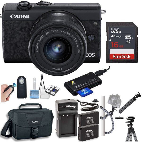 Canon EOS M200 Mirrorless Digital Camera with 15-45mm Lens (Black White) with Sandisk 16GB Memory Card Bundle For Sale