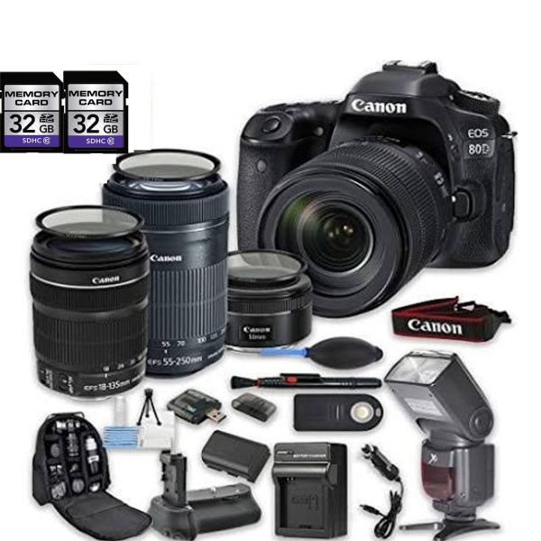 Canon Eos 80D DSLR Camera Bundle w  EF-S 18-135mm Lens|EF-S 55-250mm f 4-5.6 Is STM Lens|50mm f 1.8 STM Lens Bundle For Discount